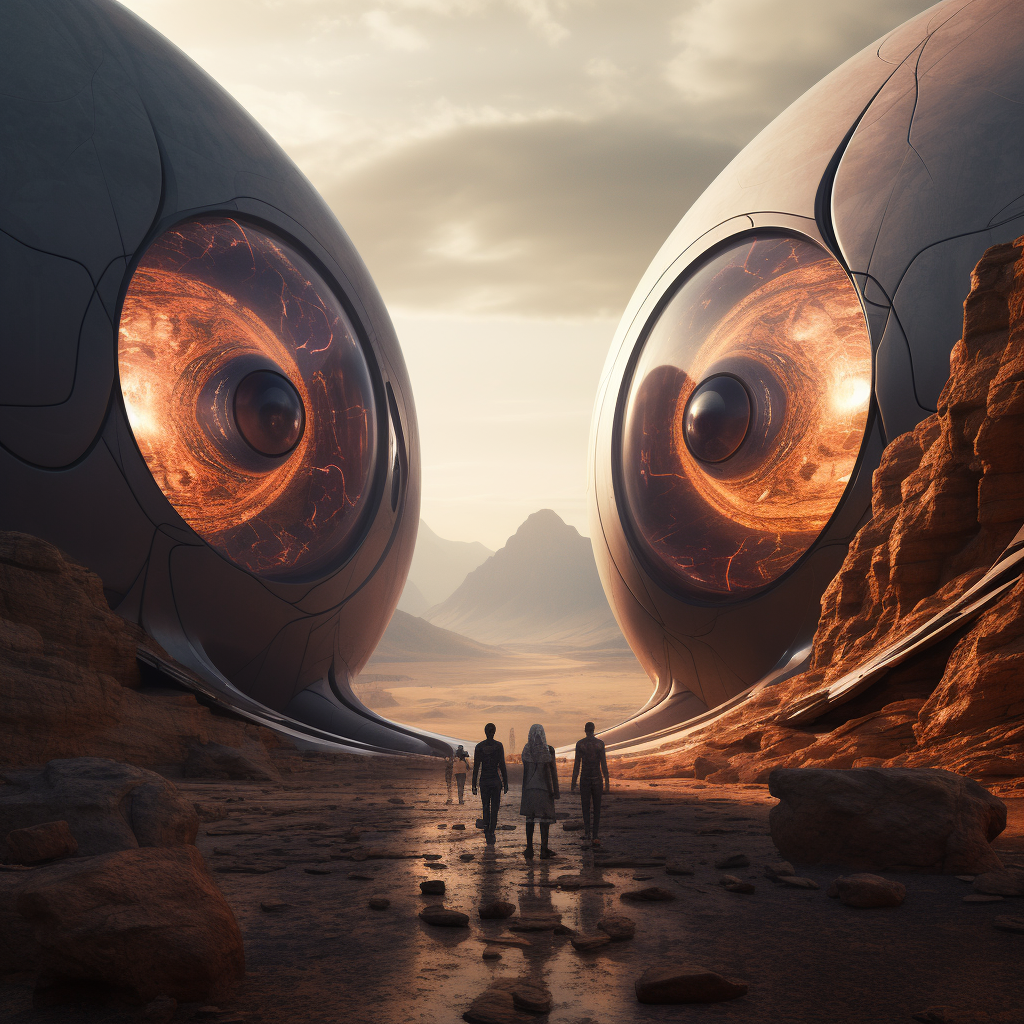 Futuristic landscape with huge eyes on Mars