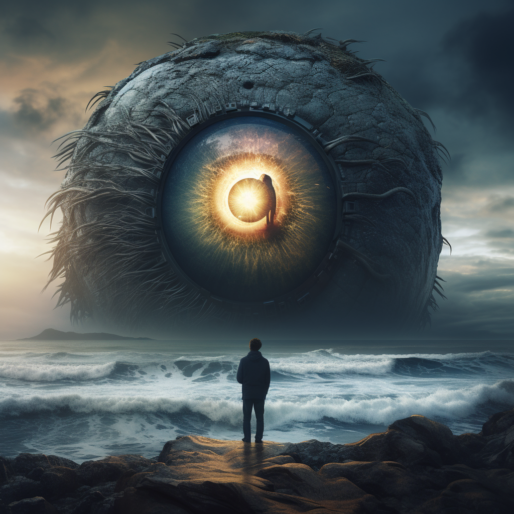 Futuristic landscape with huge eyes, ocean, cinematic lighting