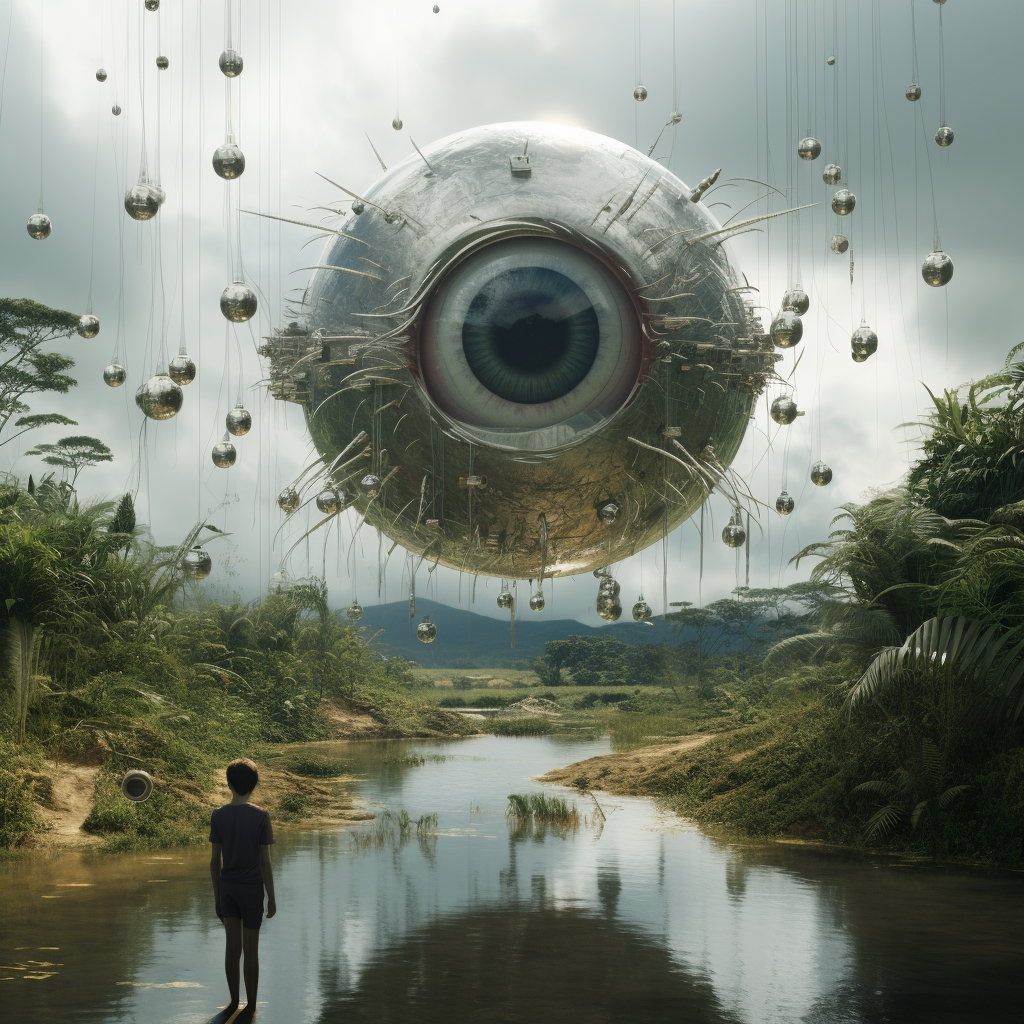 Futuristic landscape with huge eyes and cinematic lighting