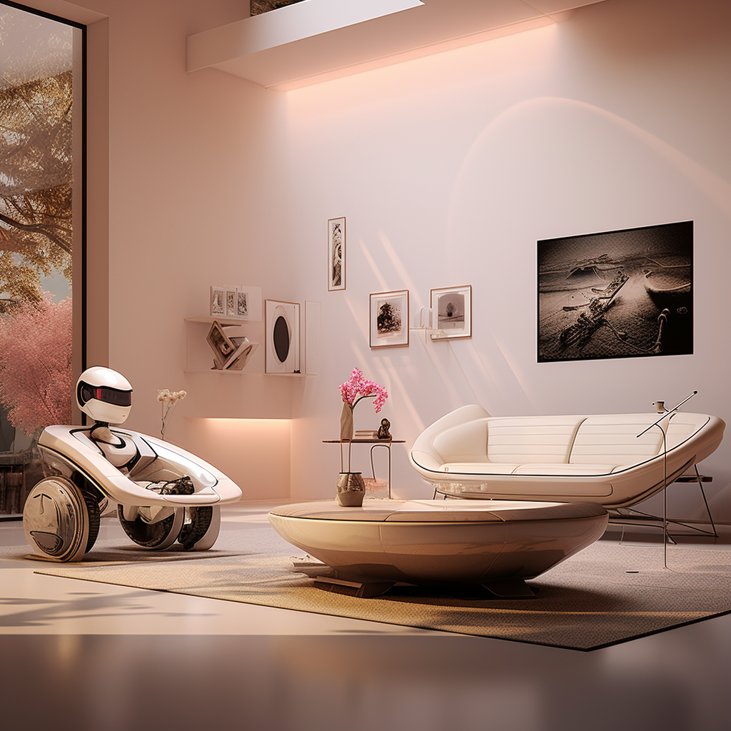 Sleek Robot and Toy Car in Futuristic Living Room