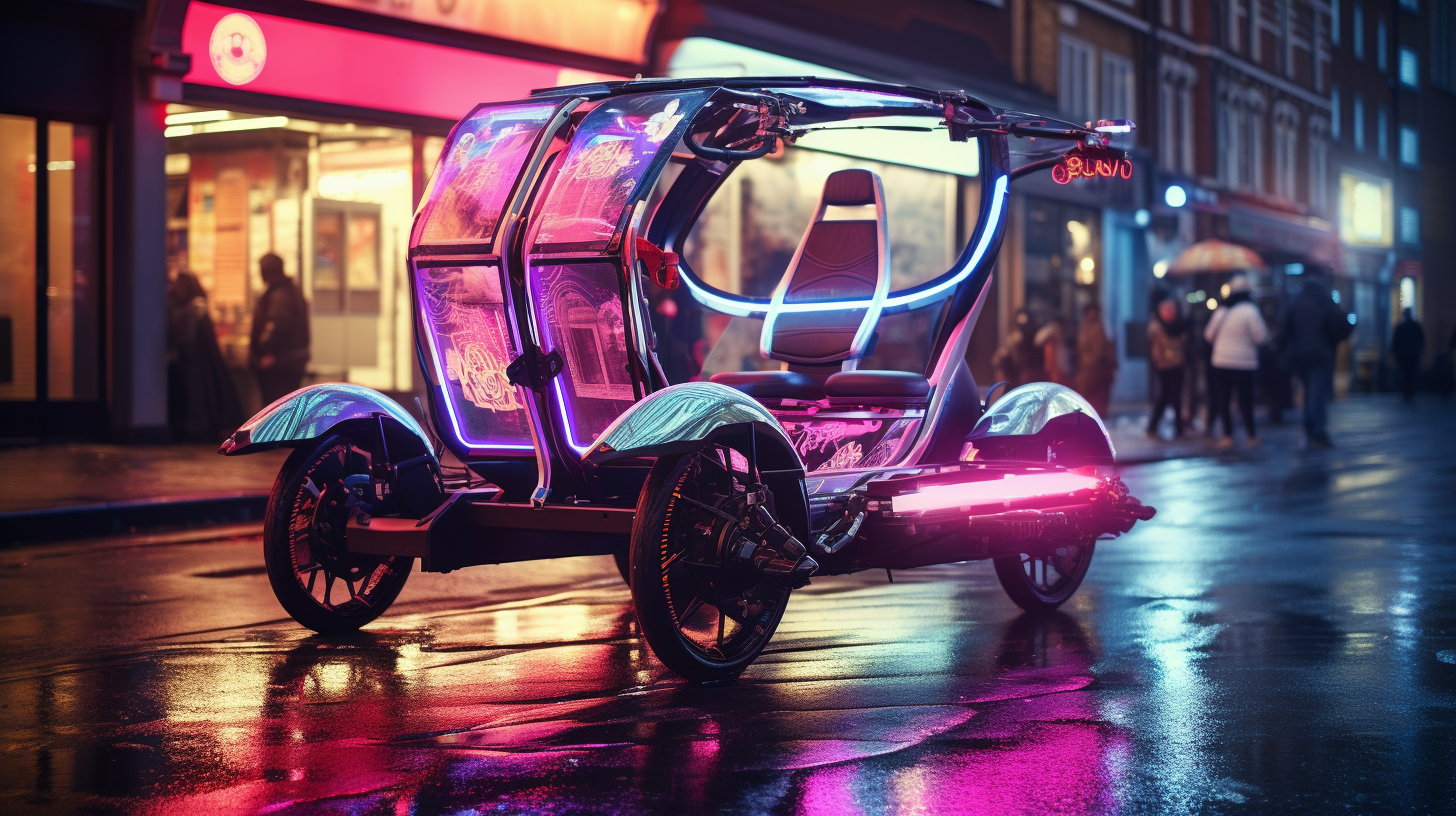 A futuristic pedicab adorning fur and neon lights