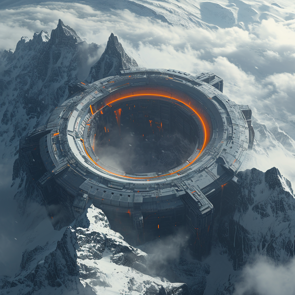 Futuristic massive circular structure on snow mountains