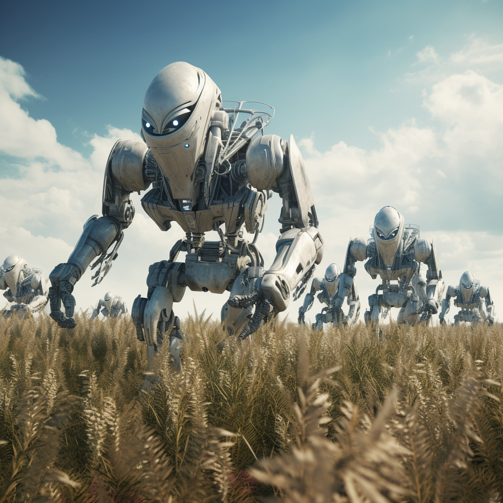 Futuristic mech robots marching farmer's field