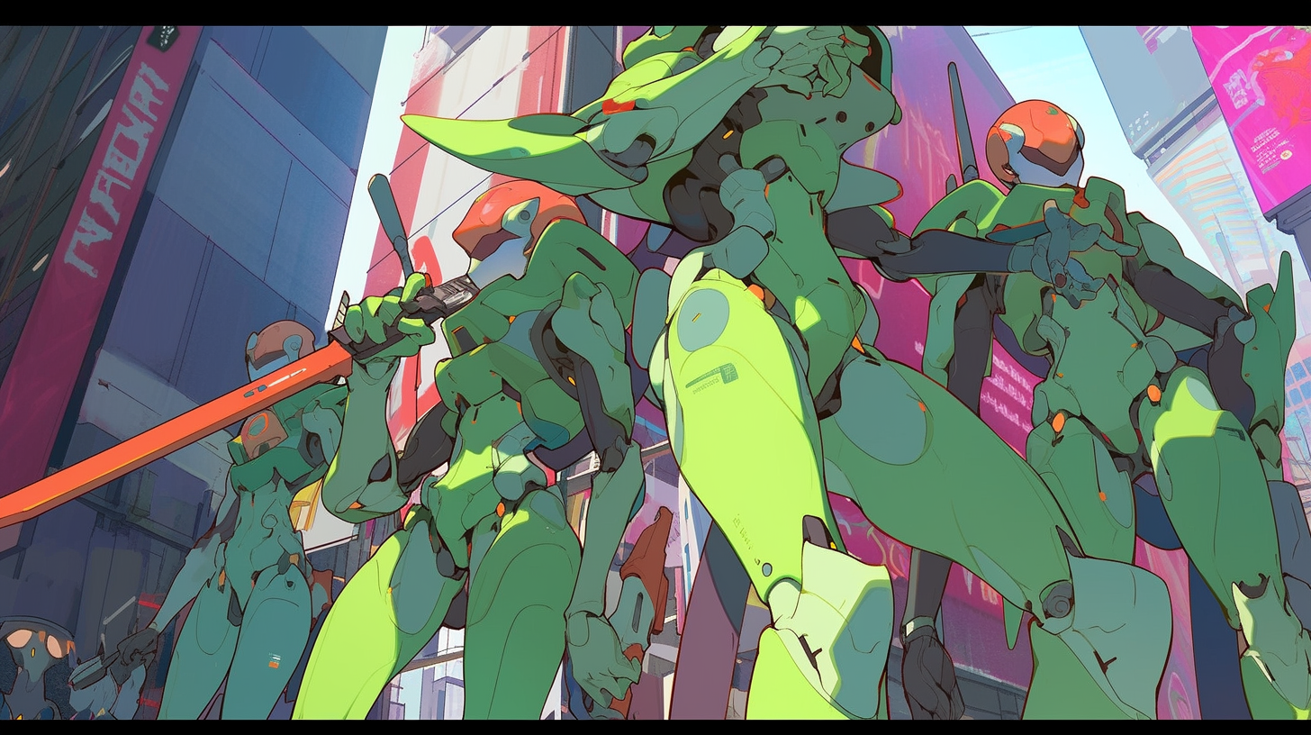 Three Mecha frogs with futuristic weapons at Times Square