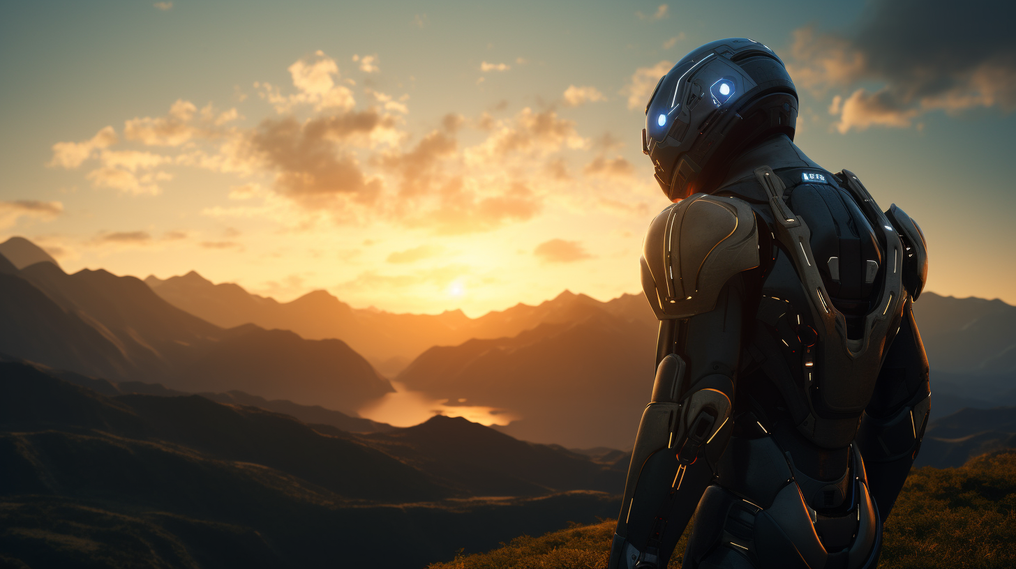 Futuristic mecha suit looking at an earth-like planet in GTA style