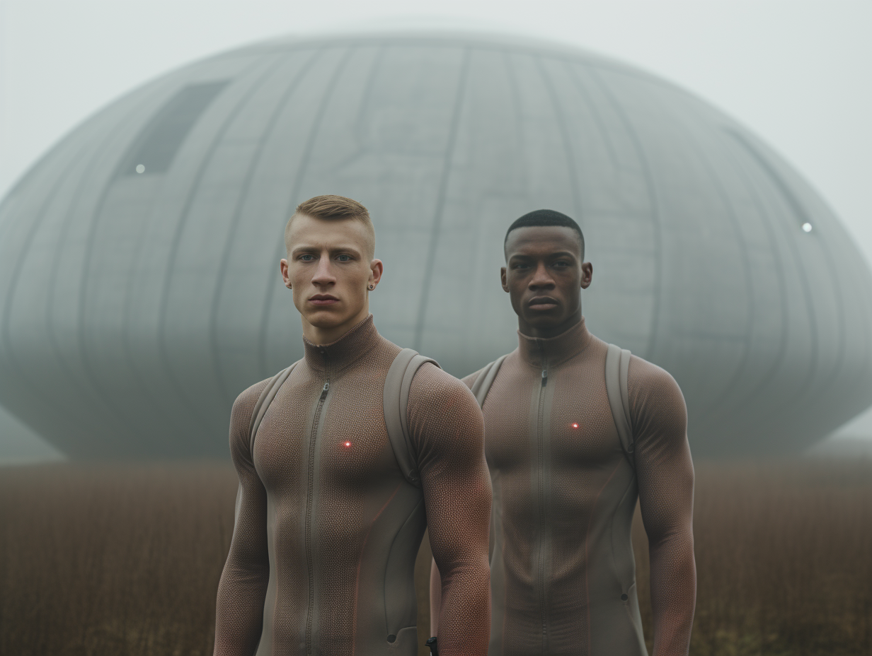 Muscular Men in Futuristic Bodysuits in Abandoned Spaceship