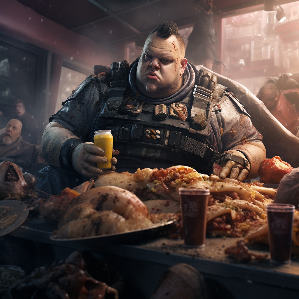 Mercenary enjoying fast food while fighting zombies