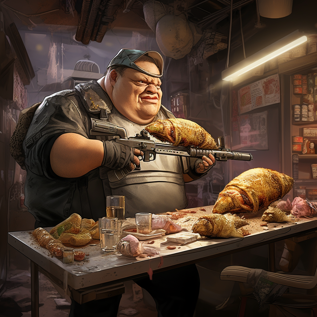 Fat mercenary eating shawarma and shooting zombie toasters