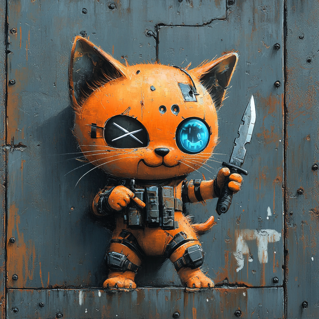 Orange Cyborg Kitten with Mercenary Logo