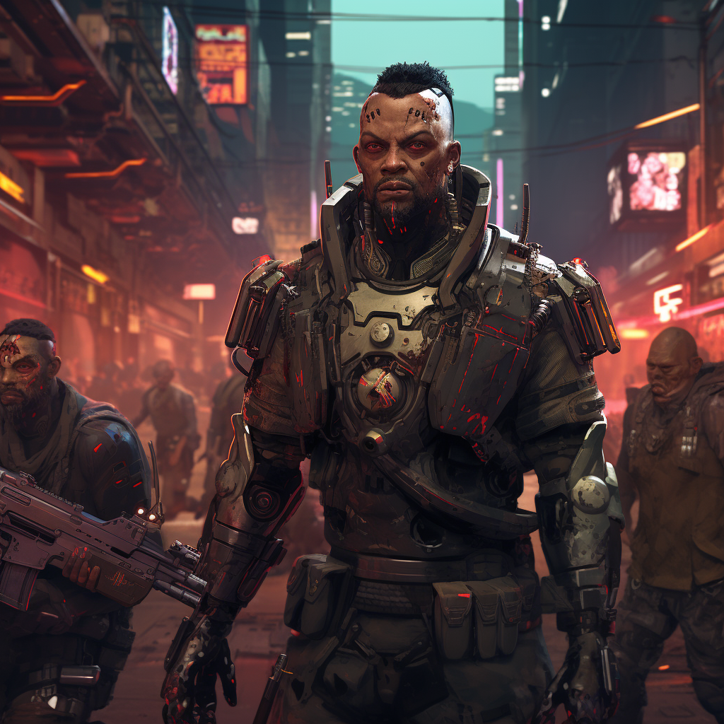 Futuristic mercenary battling zombie toasters in cyberpunk city