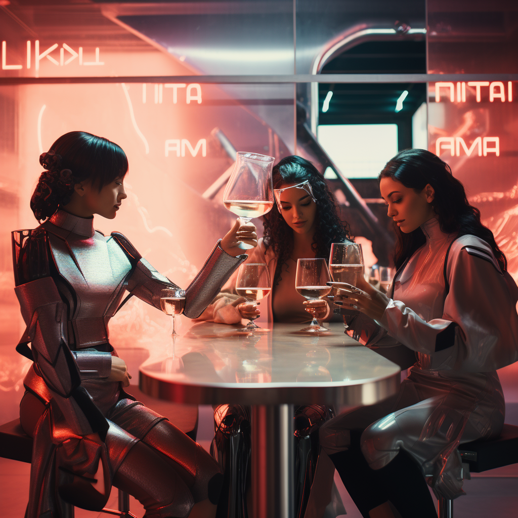 Latin women enjoying futuristic augmented reality drink