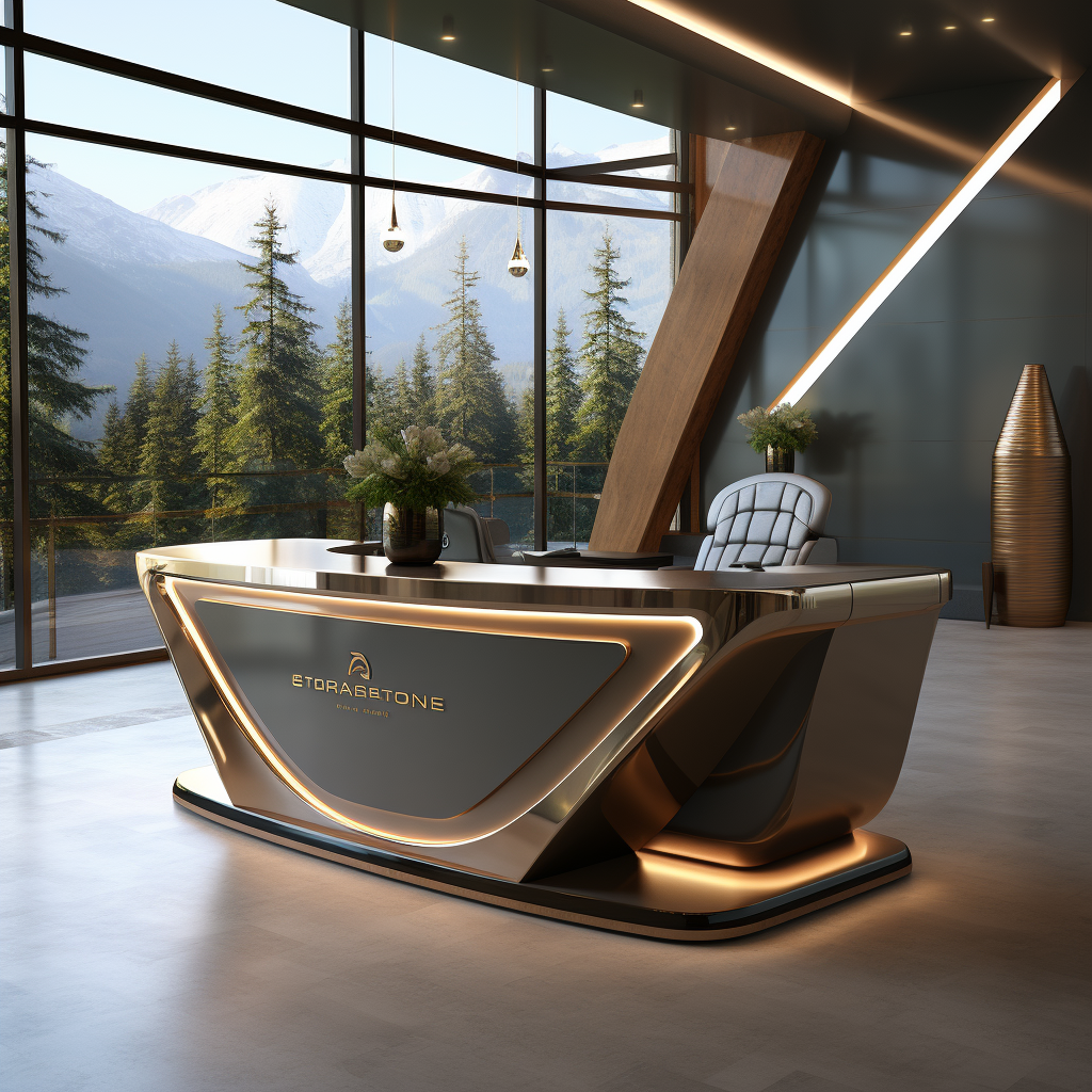 Upscale futuristic concierge desk with bronze wood and marble