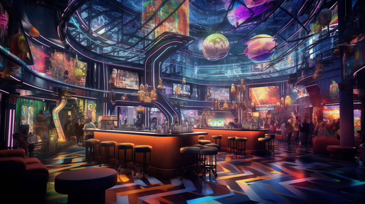 Vibrant futuristic Mexican bar with partygoers