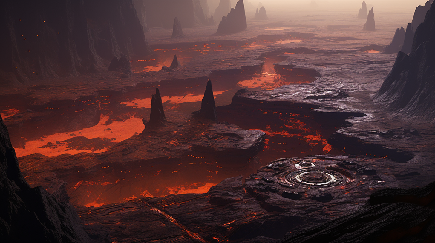 Futuristic military base surrounded by lava rivers