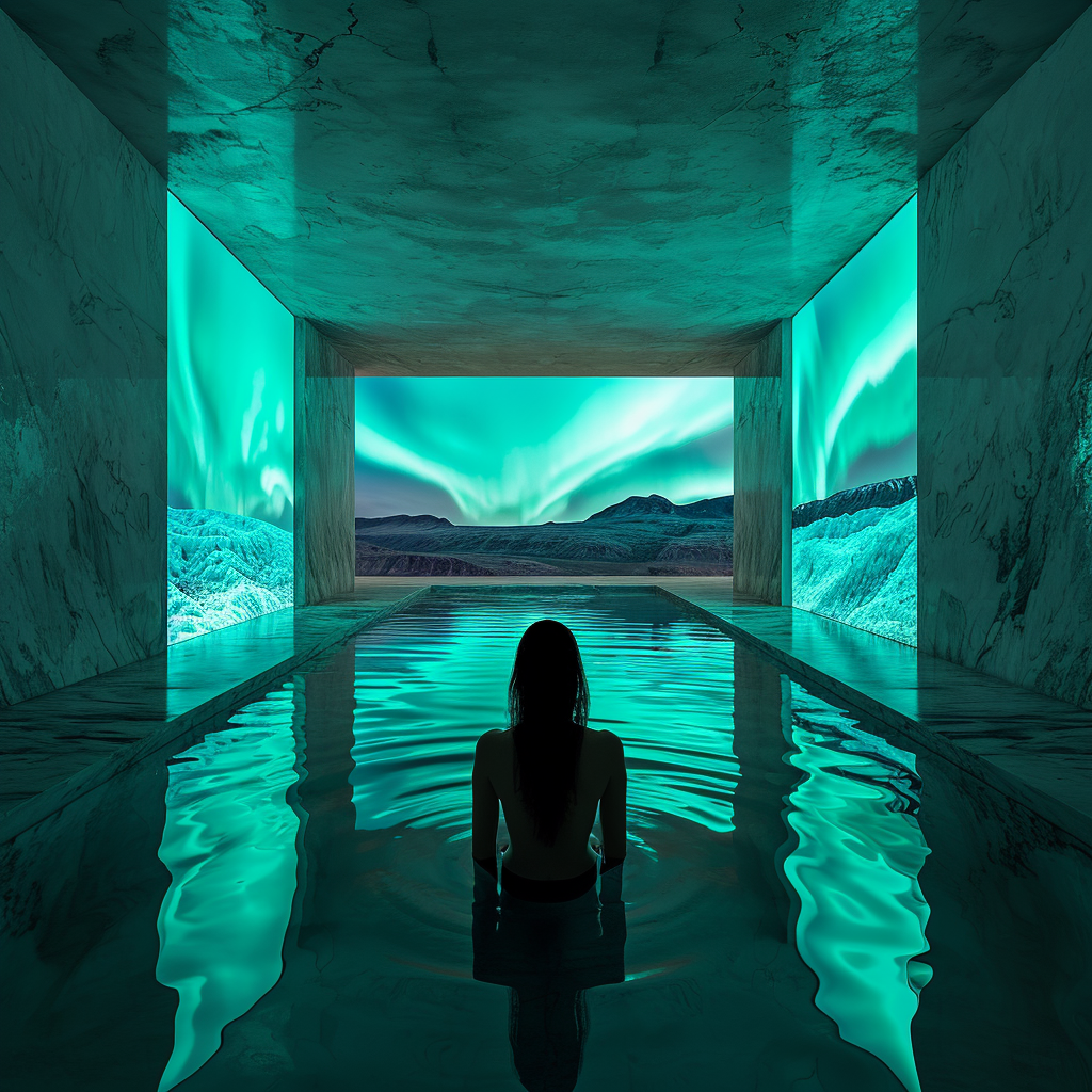 Woman relaxing in futuristic minimalist spa