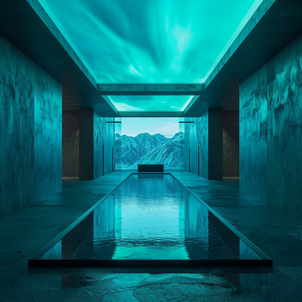 Futuristic minimal spa with teal-lit pool