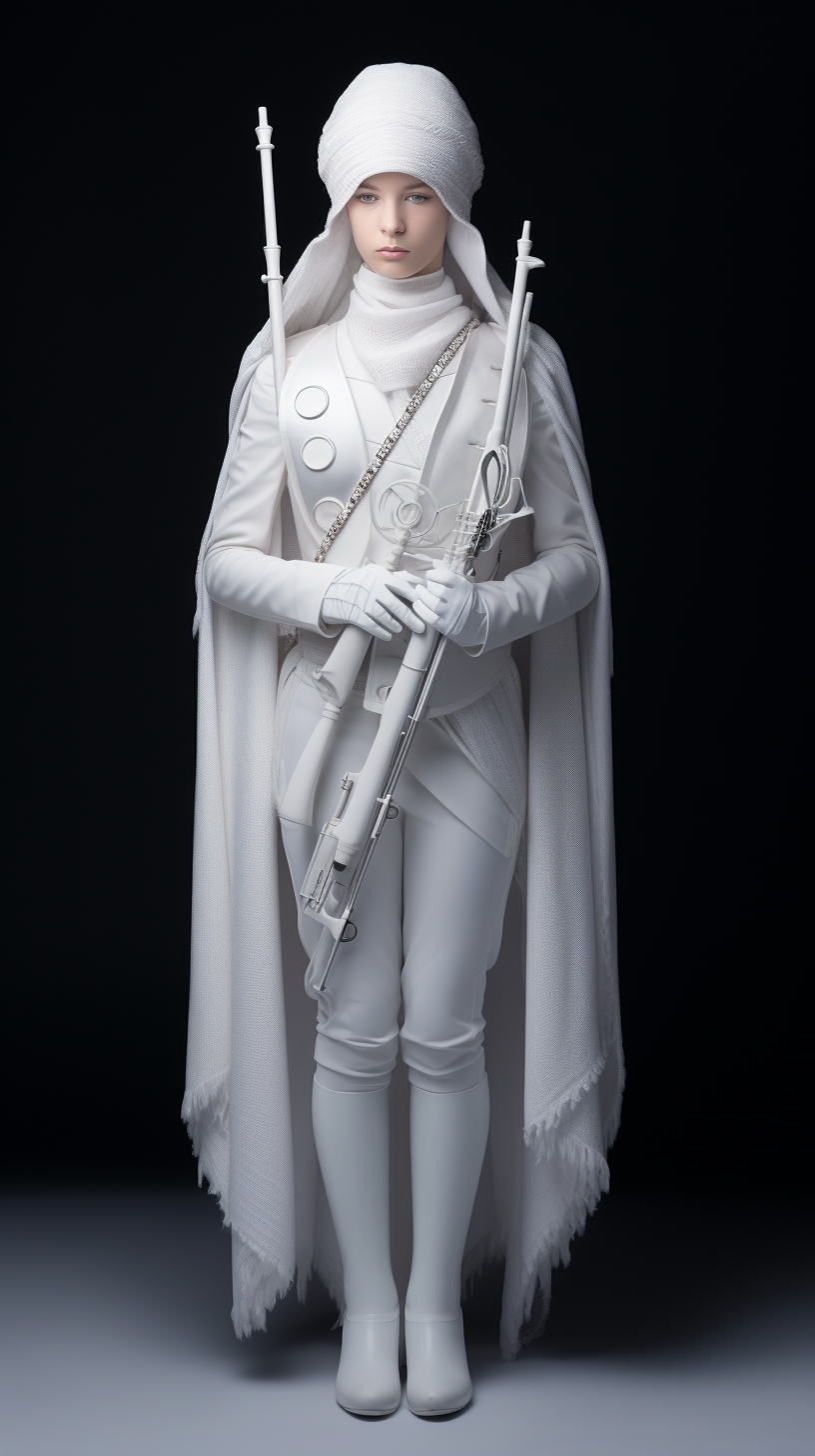 Young man playing flute in futuristic Snow Maiden costume