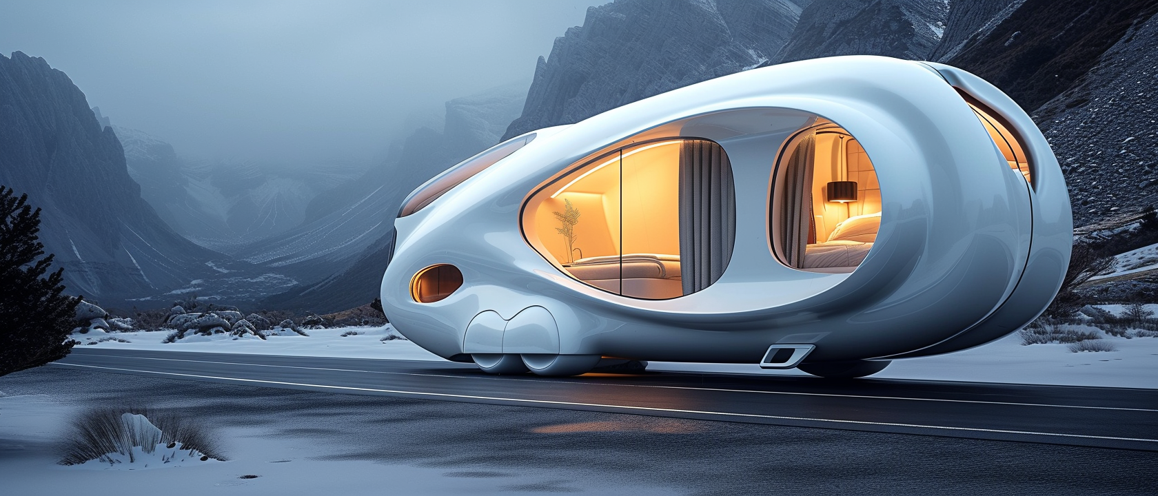 White futuristic mobile camper van