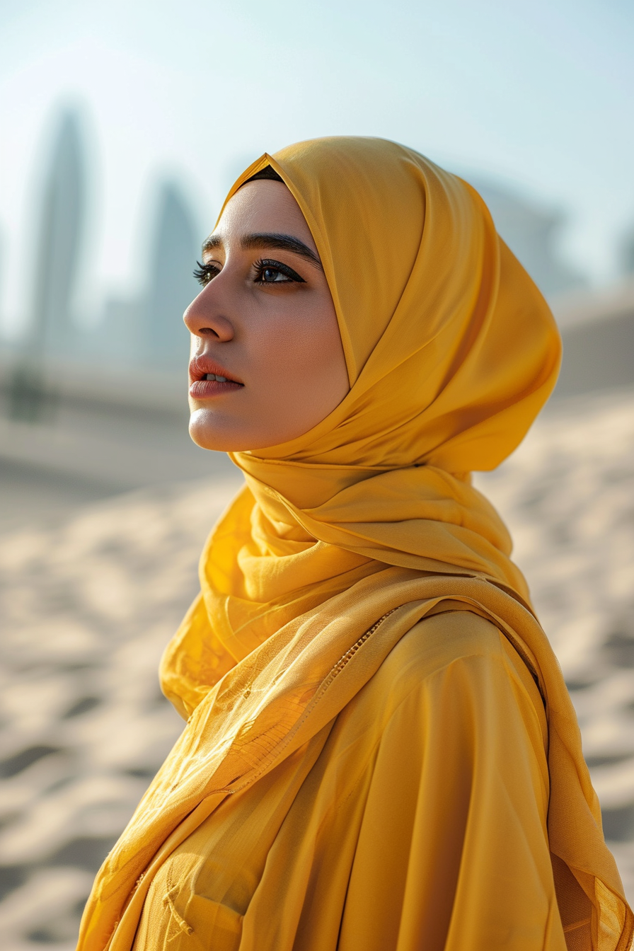 Beautiful Muslim woman in futuristic yellow outfit