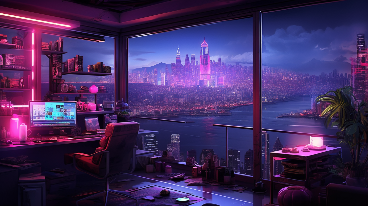 Futuristic apartment with hacker code on multiple screens