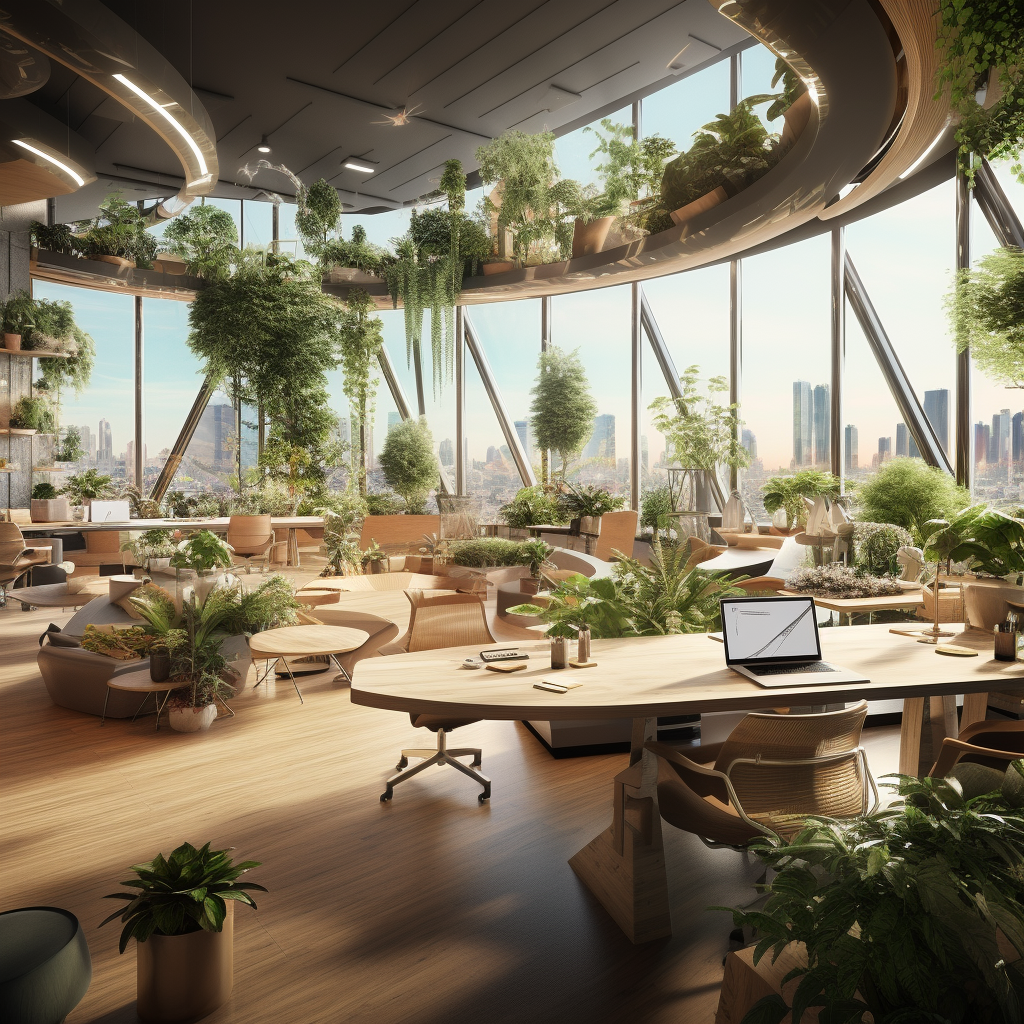 Futuristic office with live plants and wood furniture