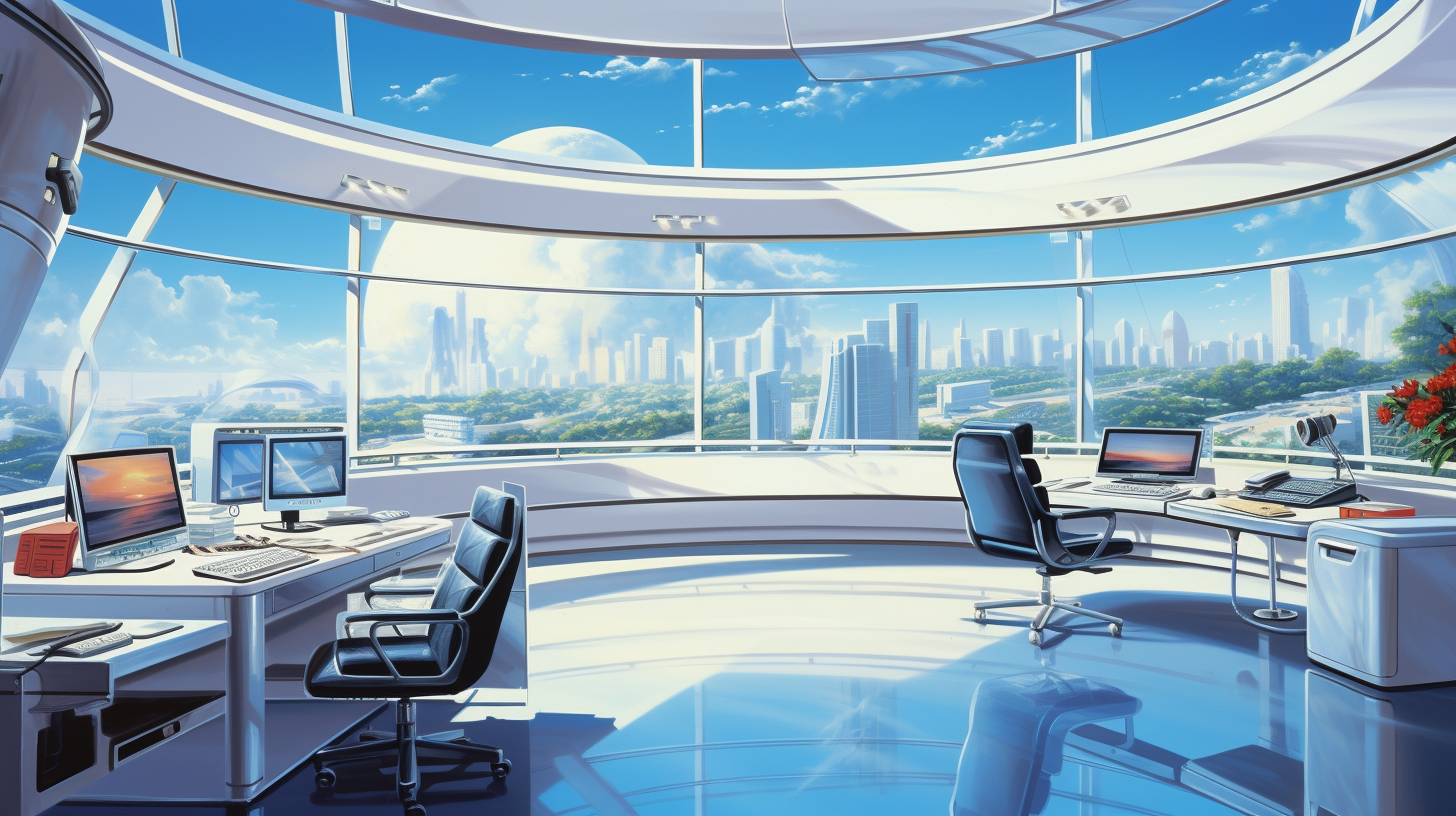 Futuristic office space with large windows and 1980s illustration