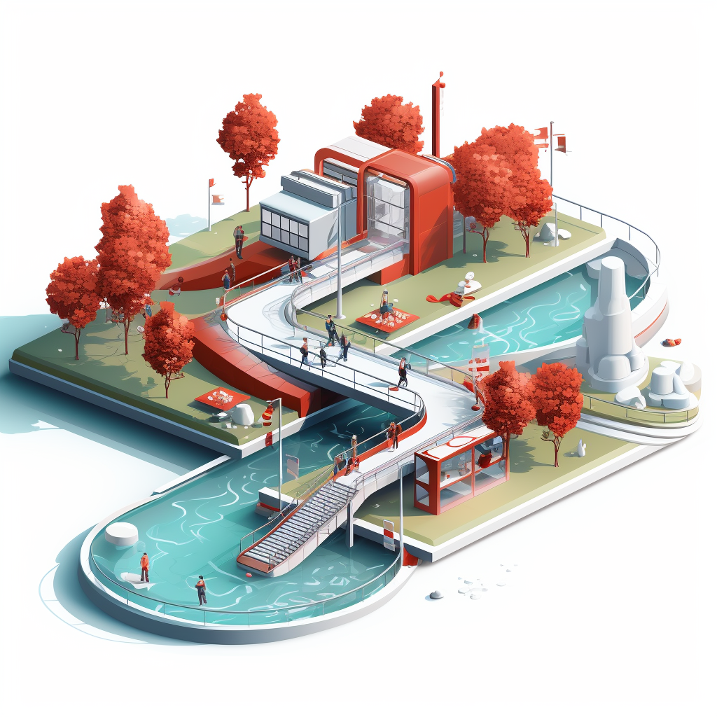 Isometric illustration of a futuristic park edge at the water