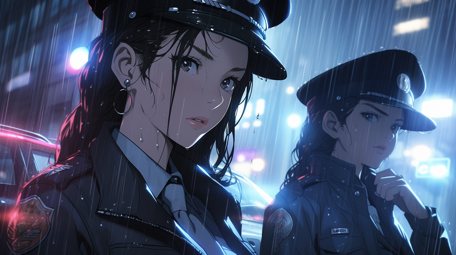 futuristic police officers in rain city