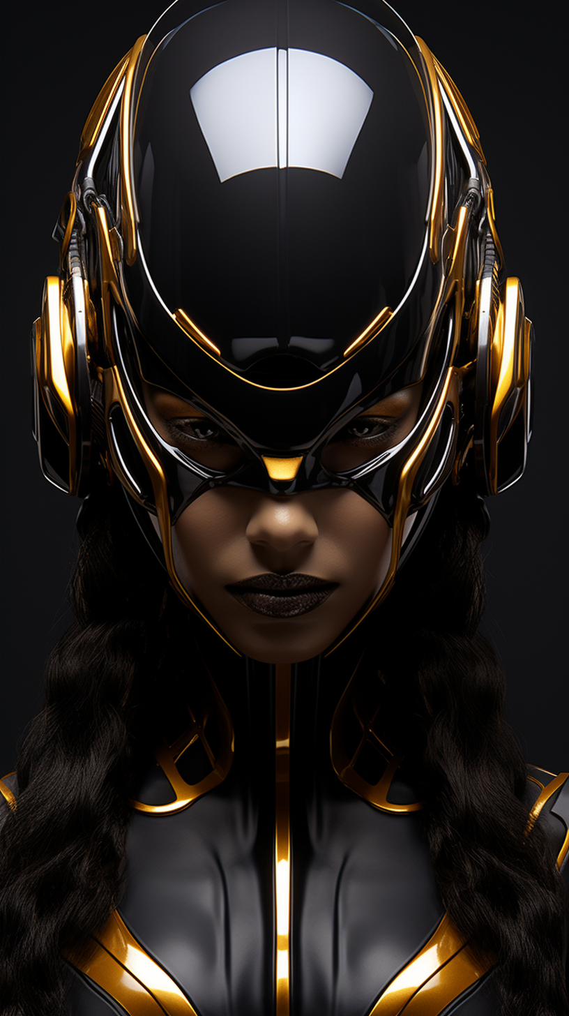 Futuristic Power Ranger Girl in Black Gold Helmet