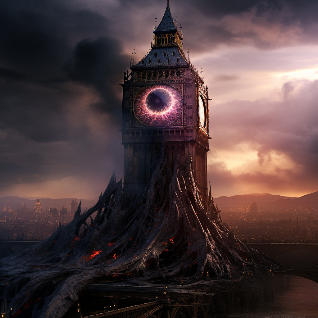 Futuristic purple eye of fire tower