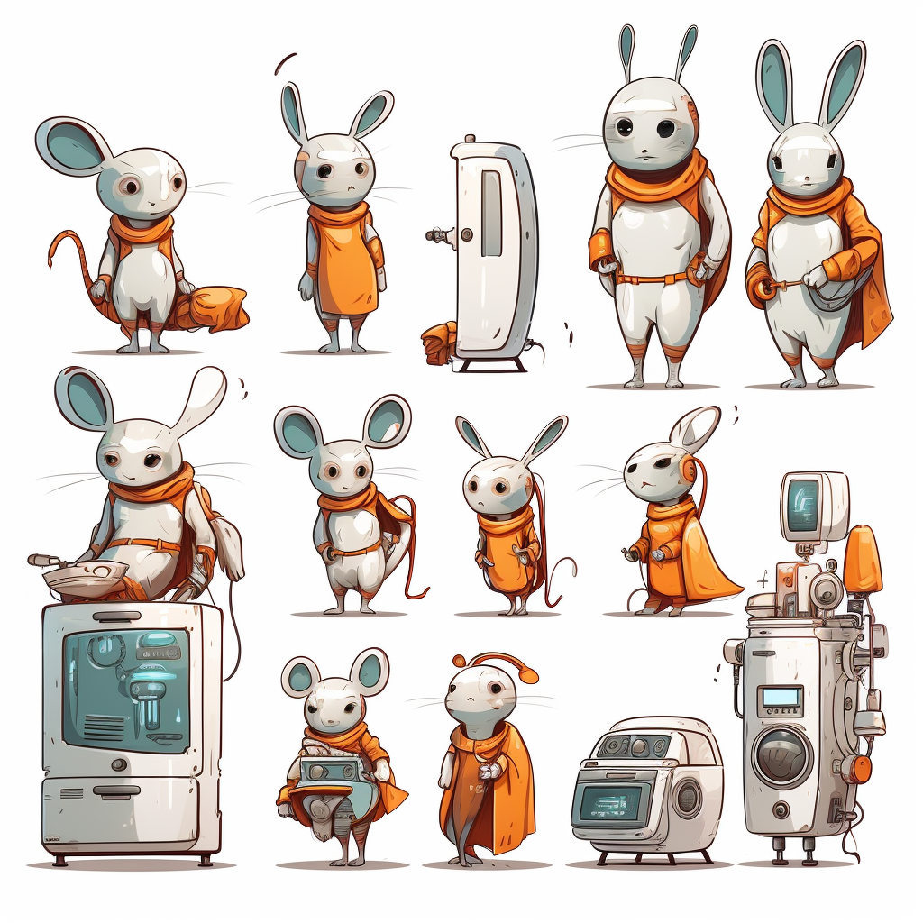 Cartoon futuristic rabbit humans with home appliances