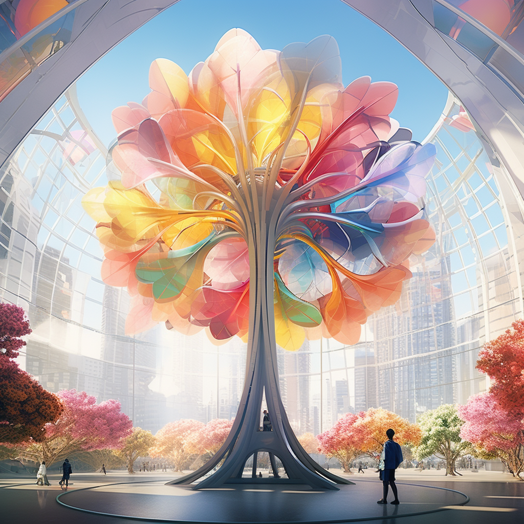 Futuristic rainbow windmill in colorful future city