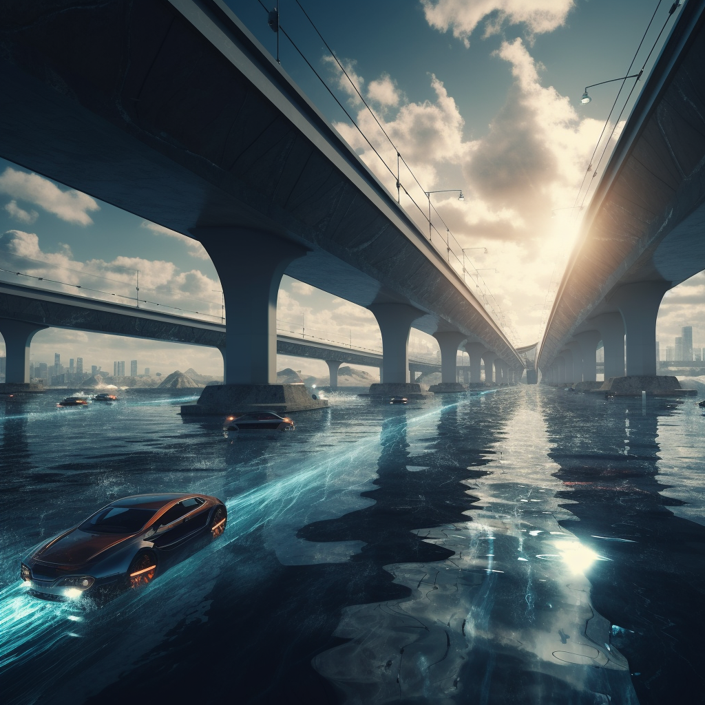 Futuristic Realistic Overpass Cars Water