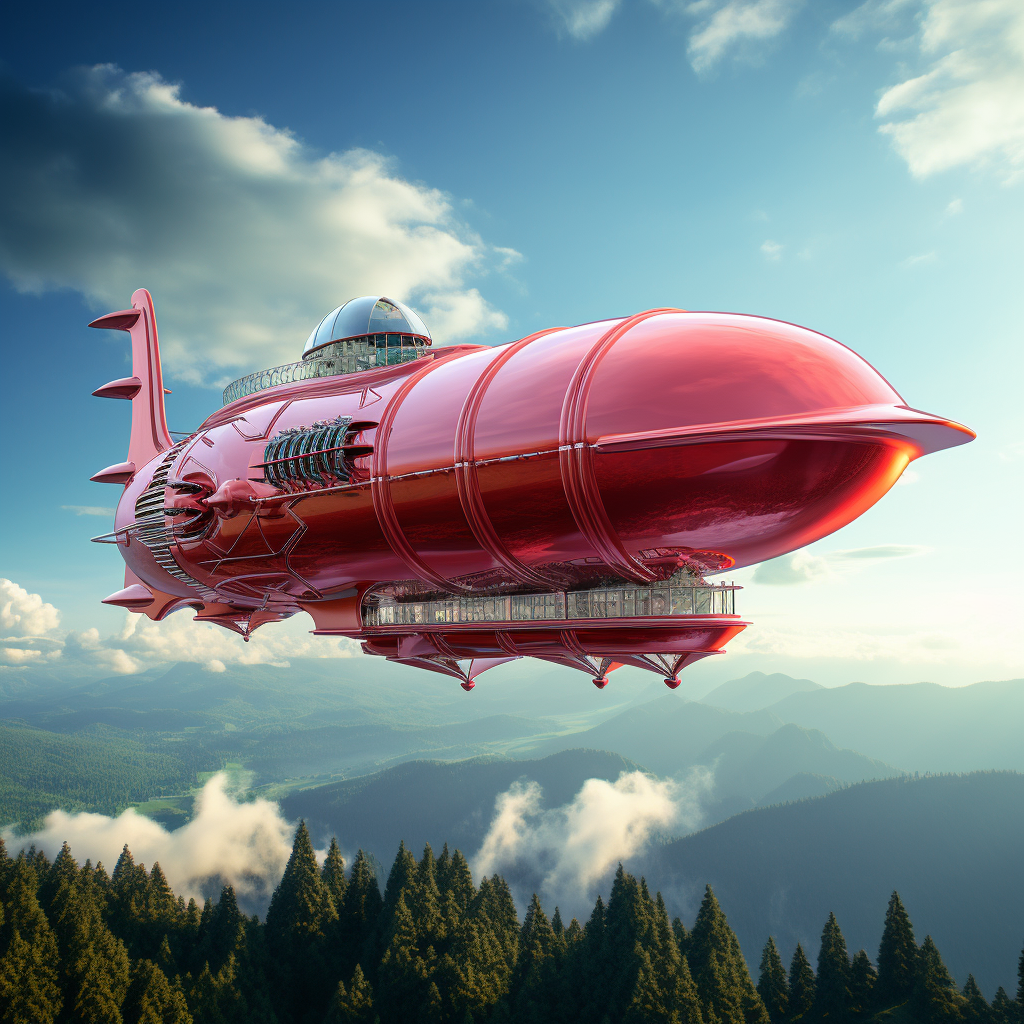 Futuristic red airship blimp flying high