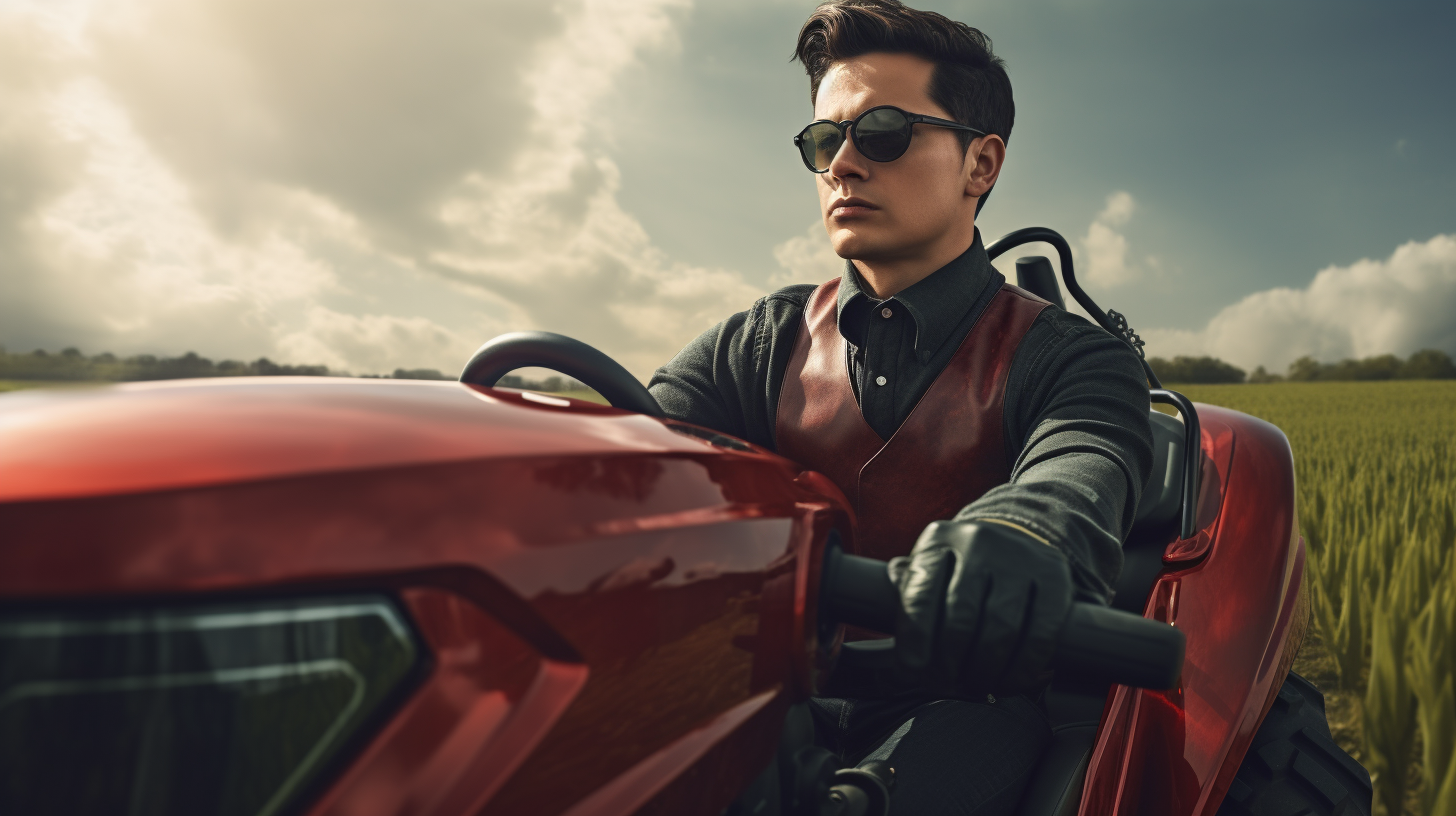 Black-haired man driving antique red tractor