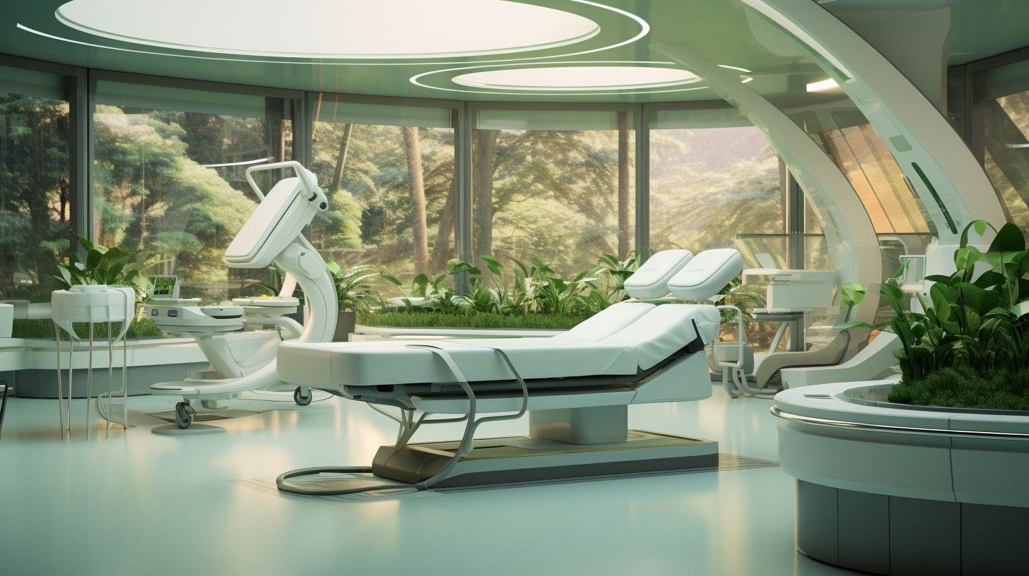 Futuristic rehabilitation room with tables and plants