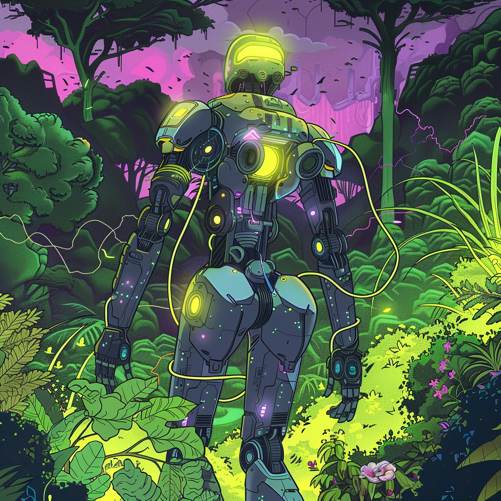 Detailed colorful comic-style futuristic robot