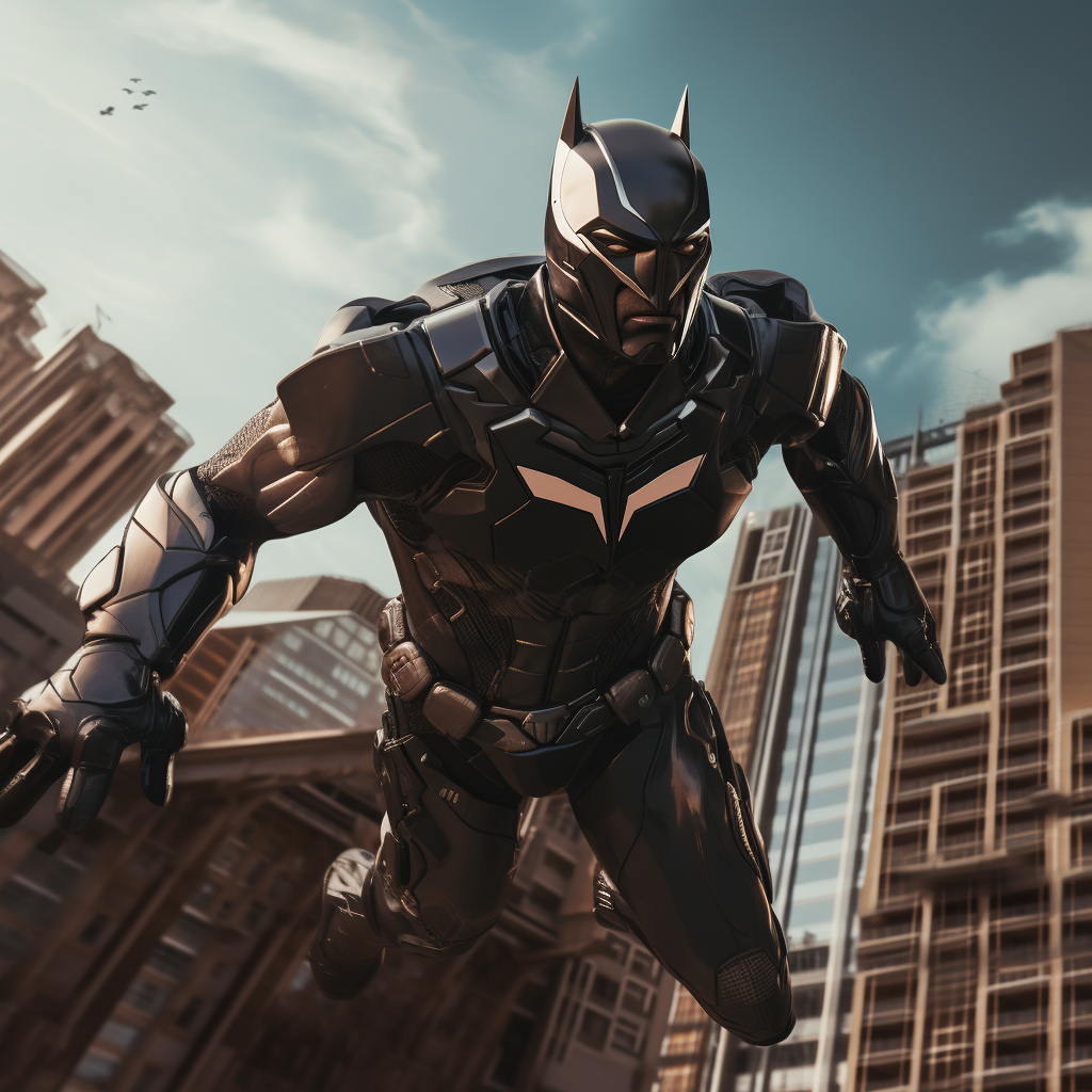 Futuristic Robotics Batman Leaping Between Tall Buildings