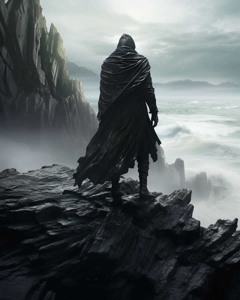 Character with Cape among Dark Futuristic Rocky Waves