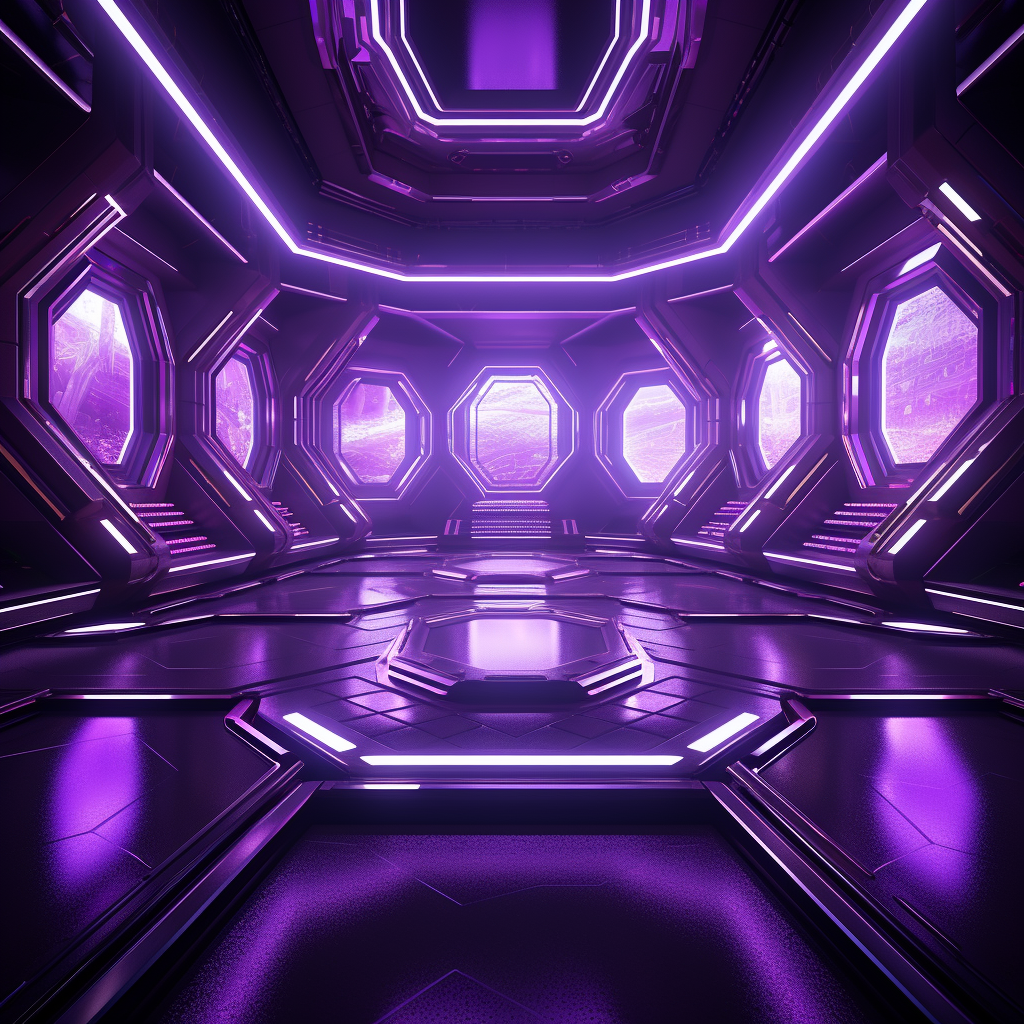 Futuristic purple-lit room with hexagon