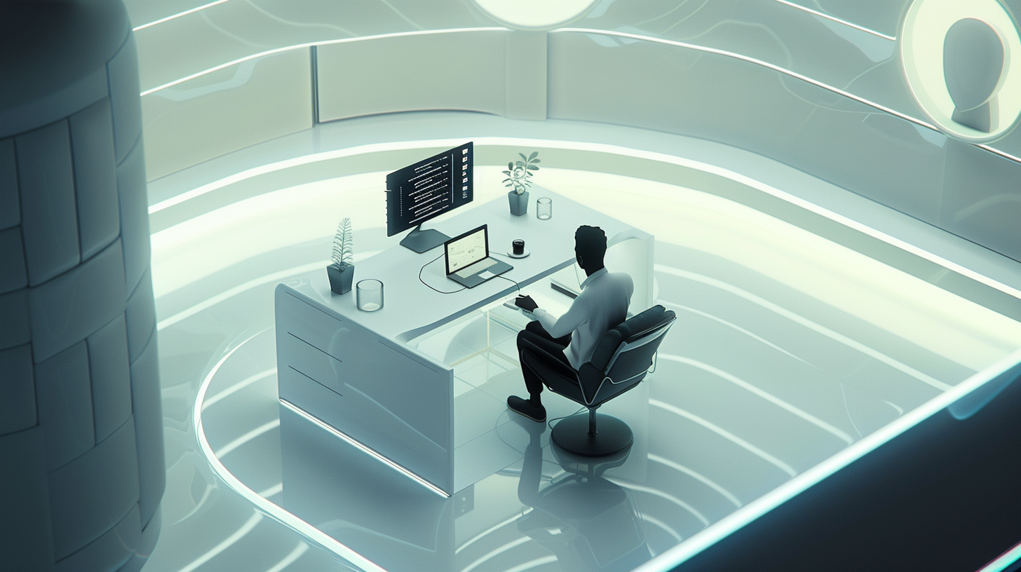 Person using computer in futuristic room