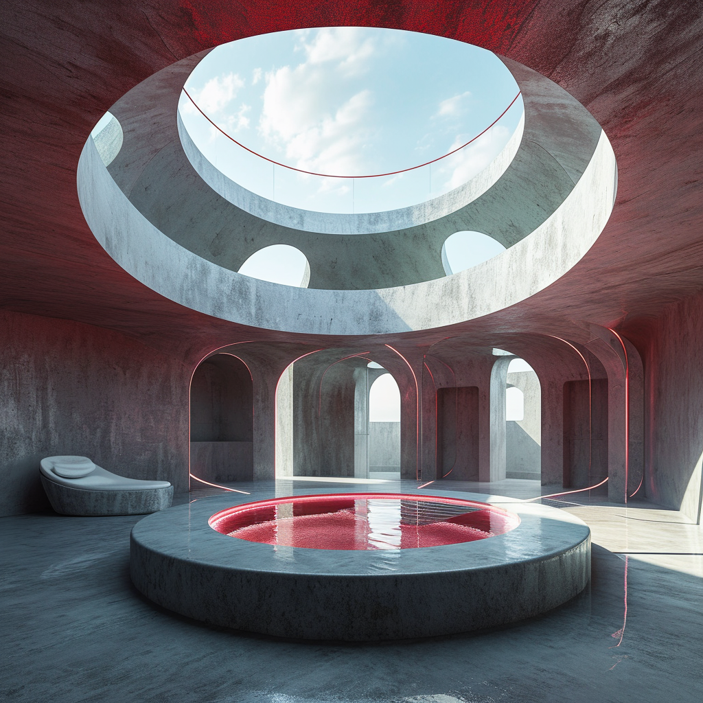 Futuristic round luxury spa room with circular pool