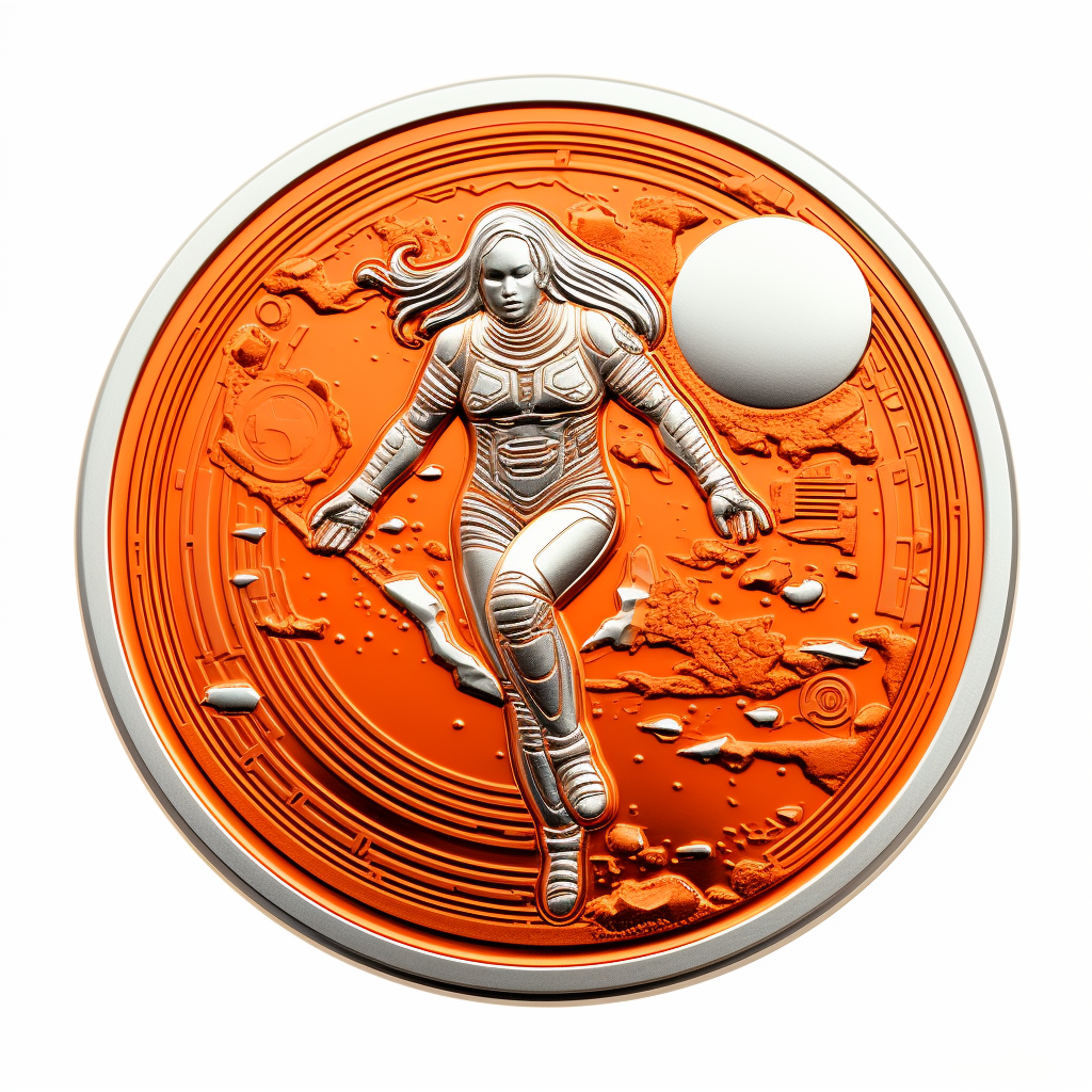 Futuristic Scarlett Orange Astronaut Landing on Genesys Coin