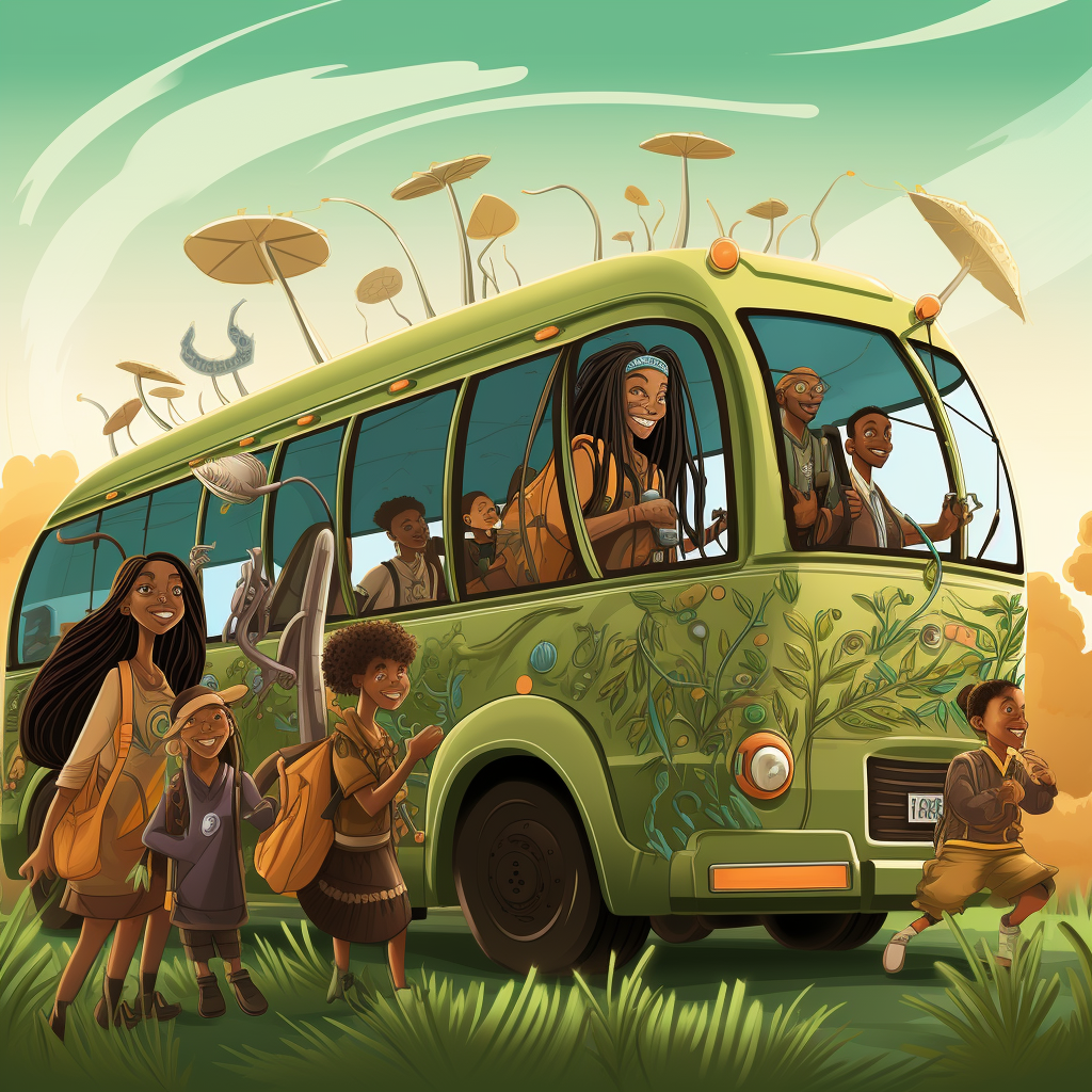 Futuristic school bus with diverse children exploring planet Earth