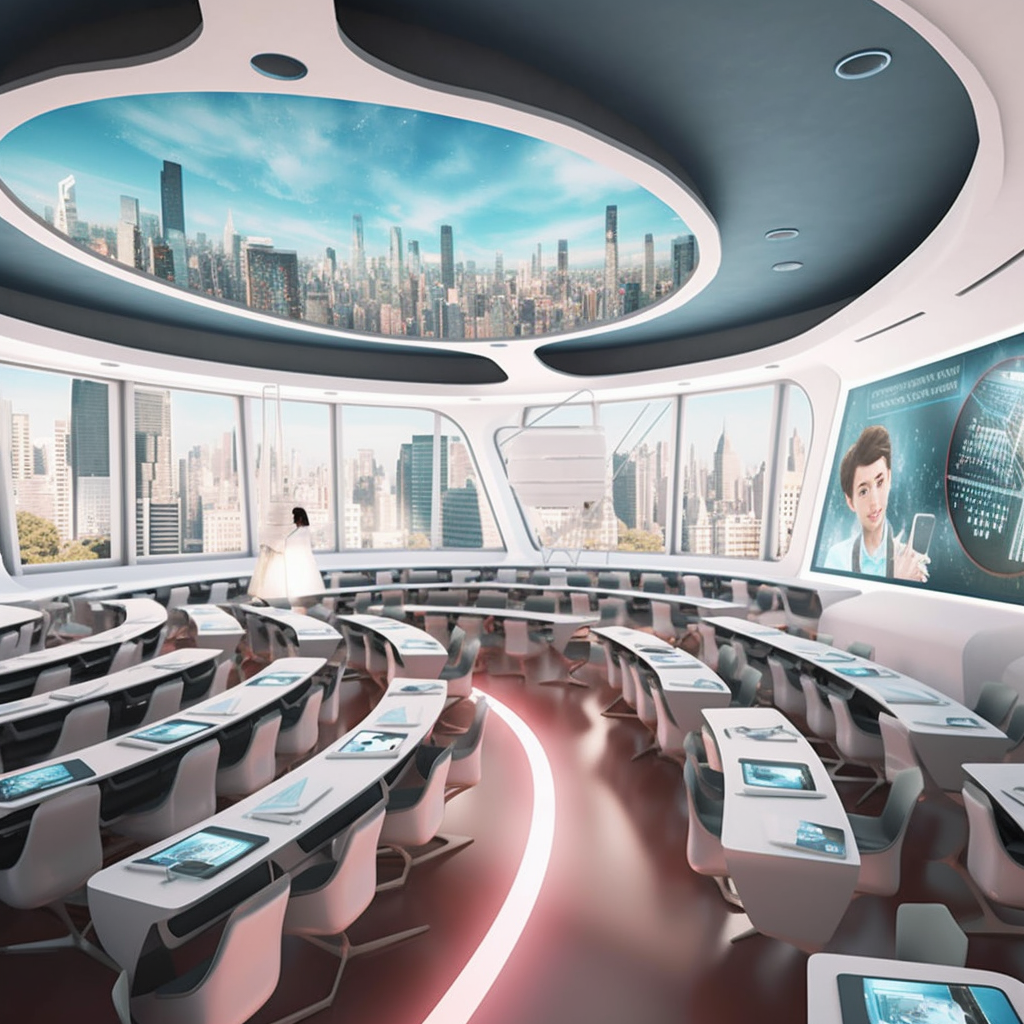 Students learning technology in a futuristic school