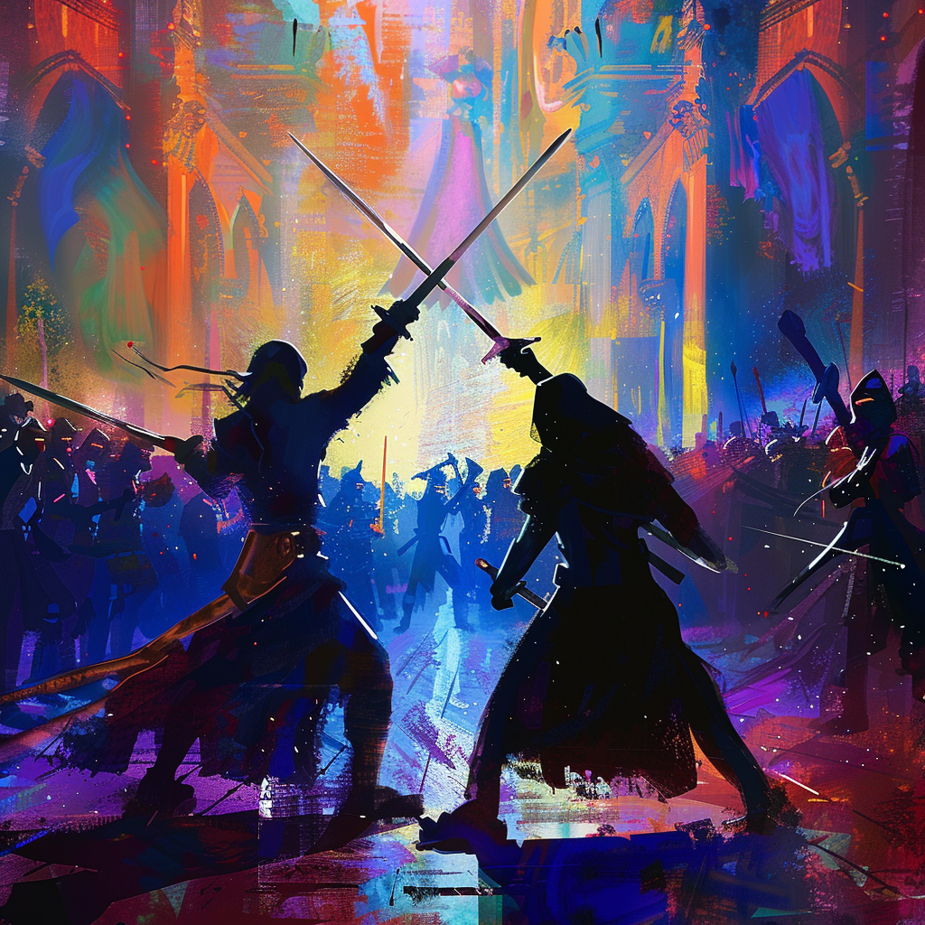 two silhouettes dueling swords crowd