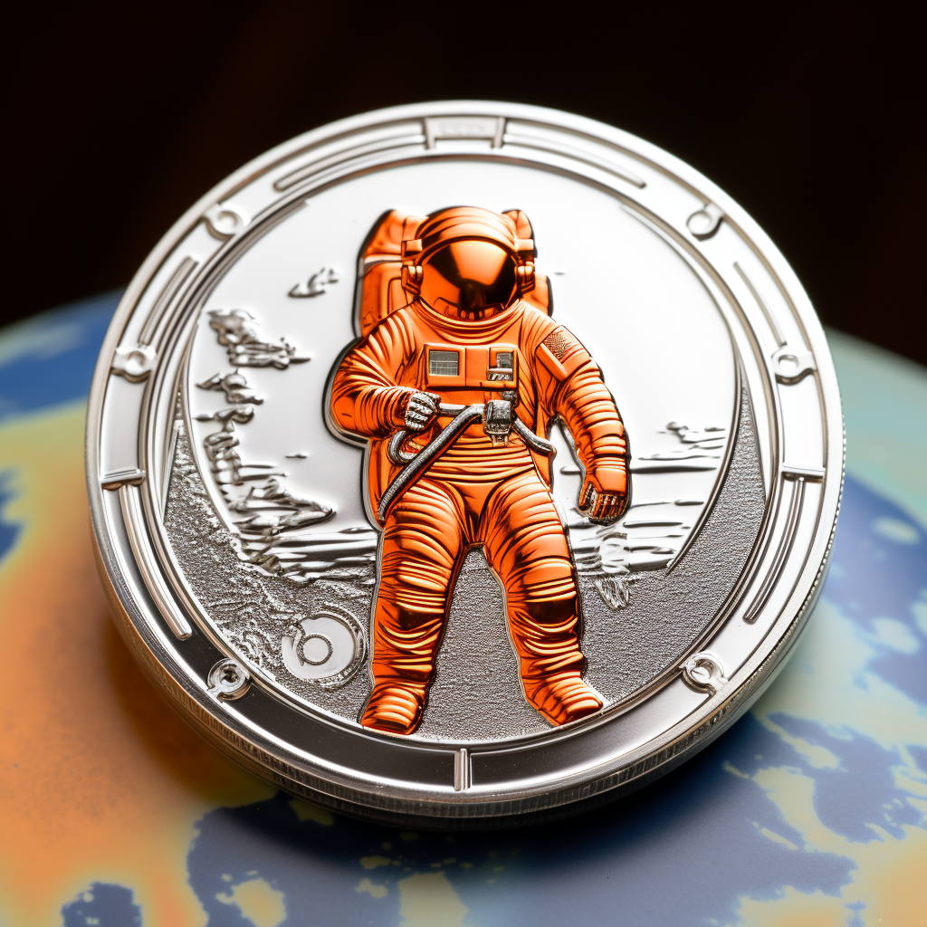 Engraved futuristic sci-fi orange astronaut floating in space