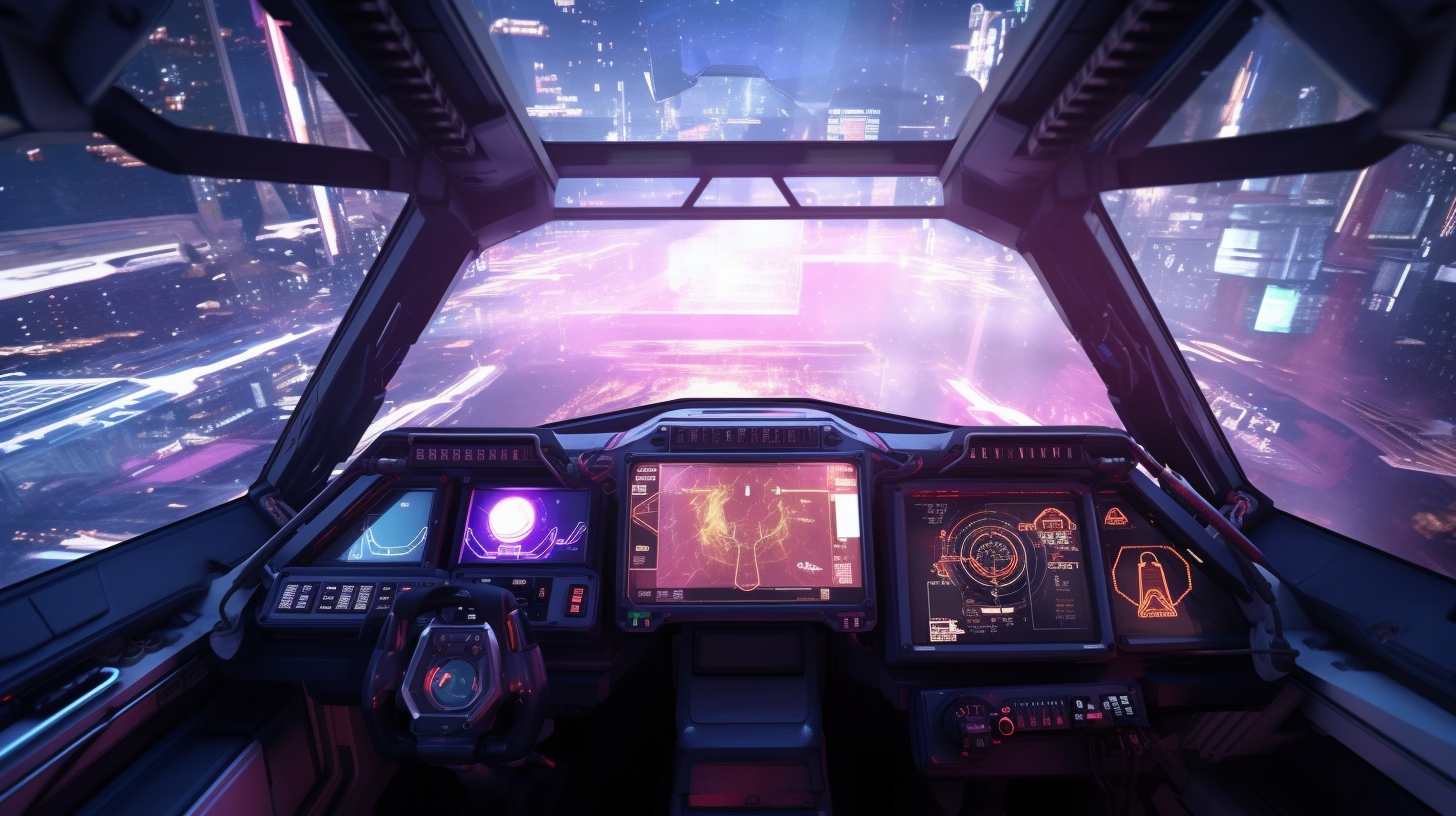 Futuristic spaceship cockpit with windows, charts, and smoke