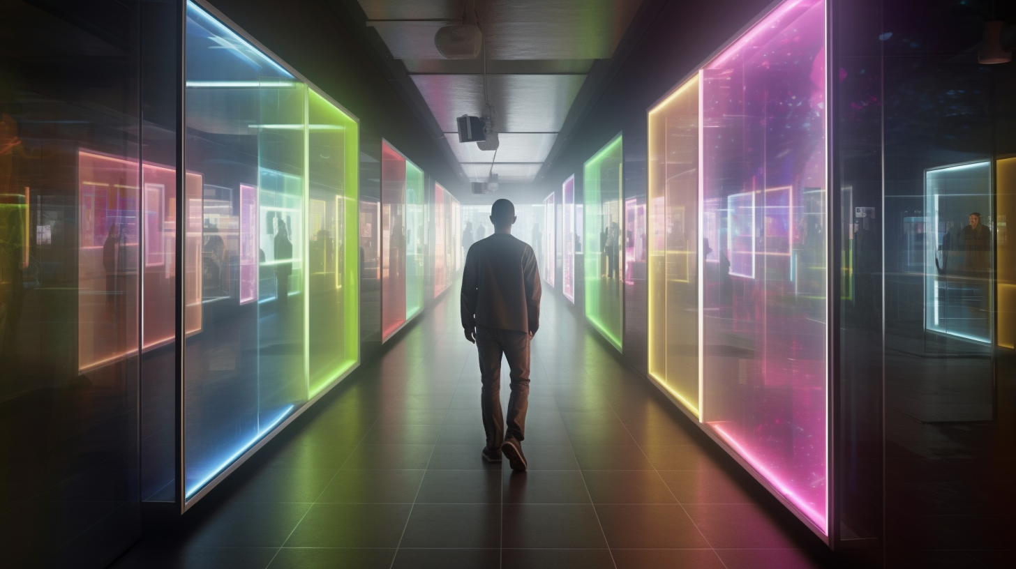 Man walking through futuristic shopping mall