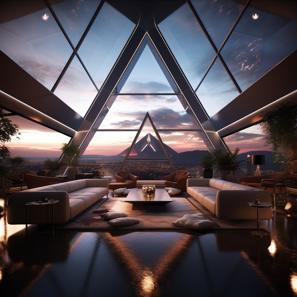 Futuristic sky lounge with pyramid architecture and technology